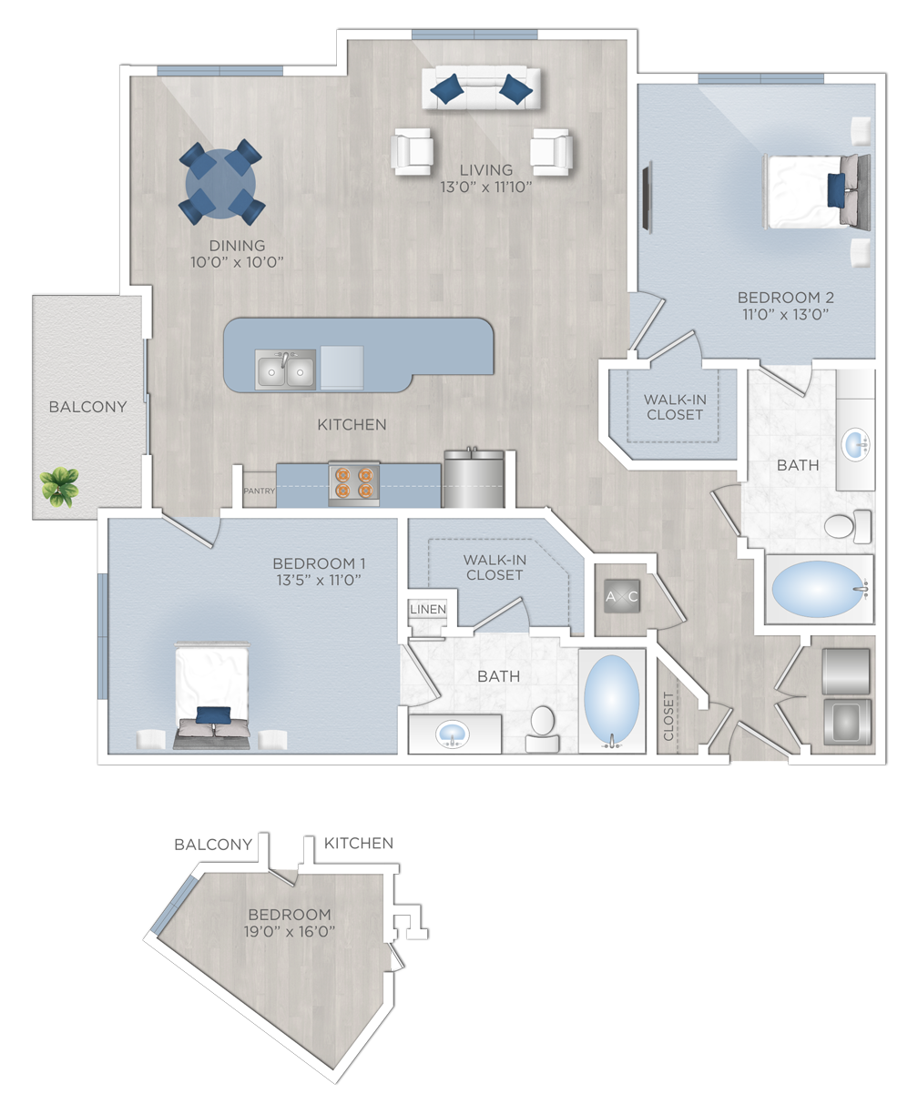 Floor plan for 2 beds, 2 baths, 1150 sqft